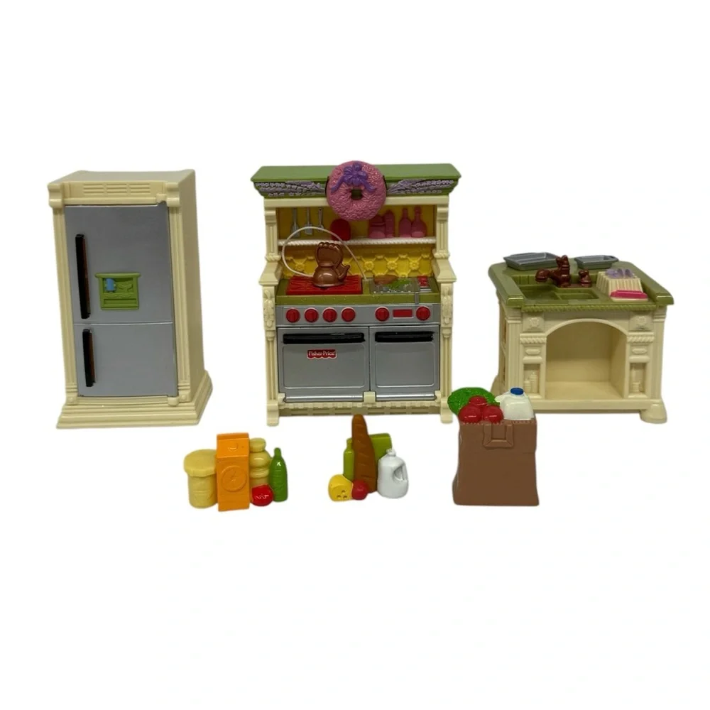 Fisher Price Loving Family Dollhouse Kitchen Sink Island-Refrigerator Food Lot